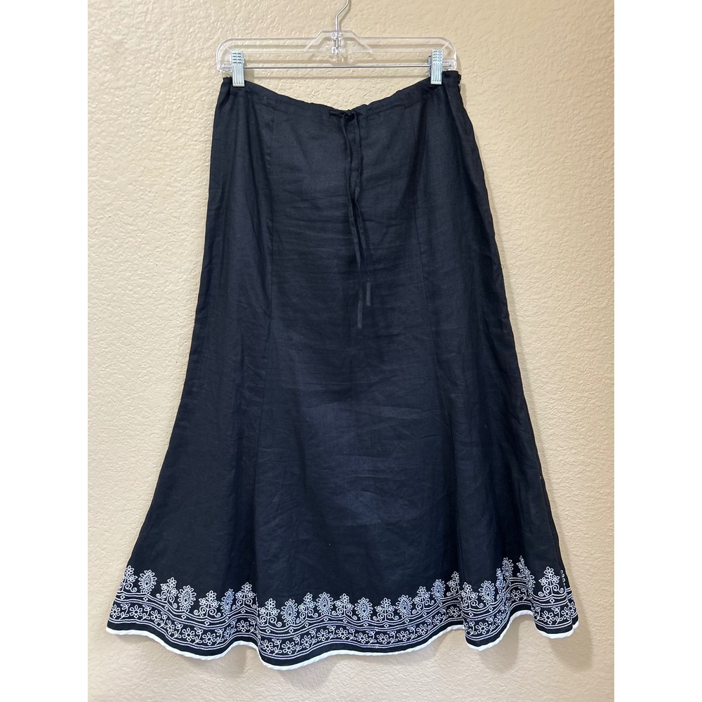 Richard Malcolm Size 8 Black Irish Linen Embroidered Long Skirt Modest Lagenlook